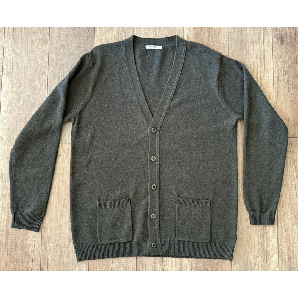 WoolOvers Men's‎ 100% Lambswool Green Cardigan Sweater - Size L - Pockets - EUC
